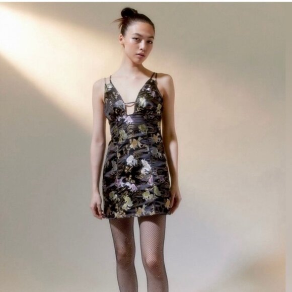 Urban Outfitters | Cassie Satin Strappy Back Black Mini Dress Koi Small New - Picture 1 of 9